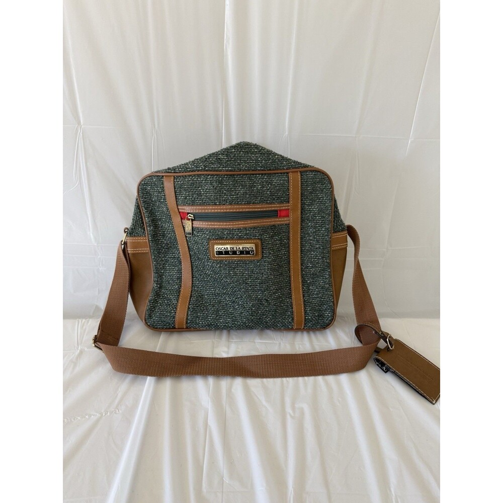 Vintage Oscar de la Renta Studio Garment Travel Bag Green Tweed Brown Trim Carry